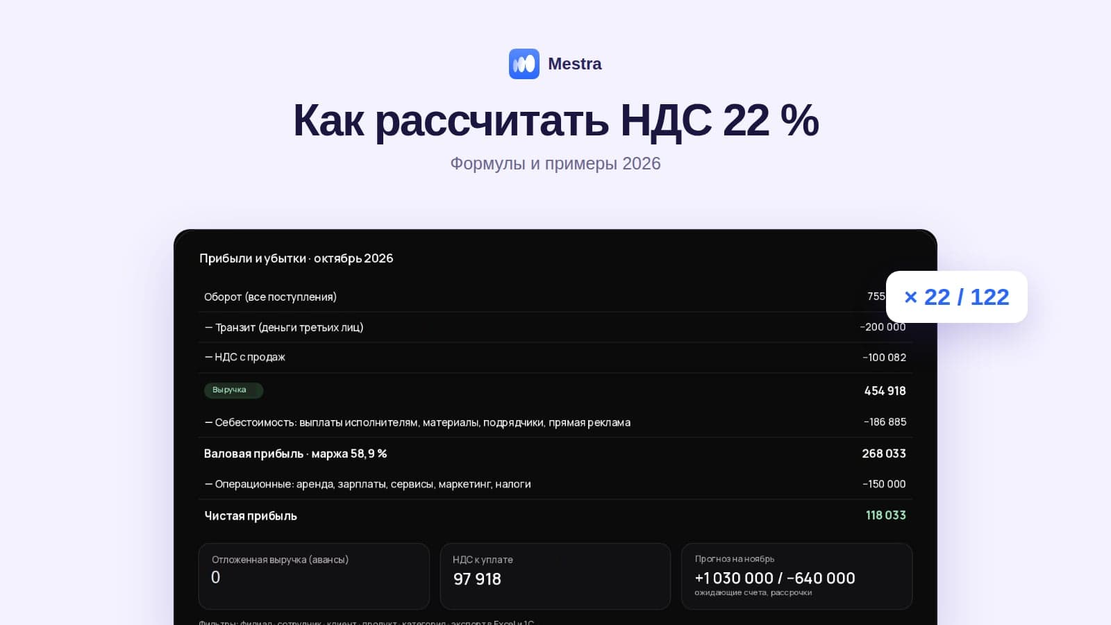Как рассчитать НДС 22 %: формулы, примеры и ставки 2026