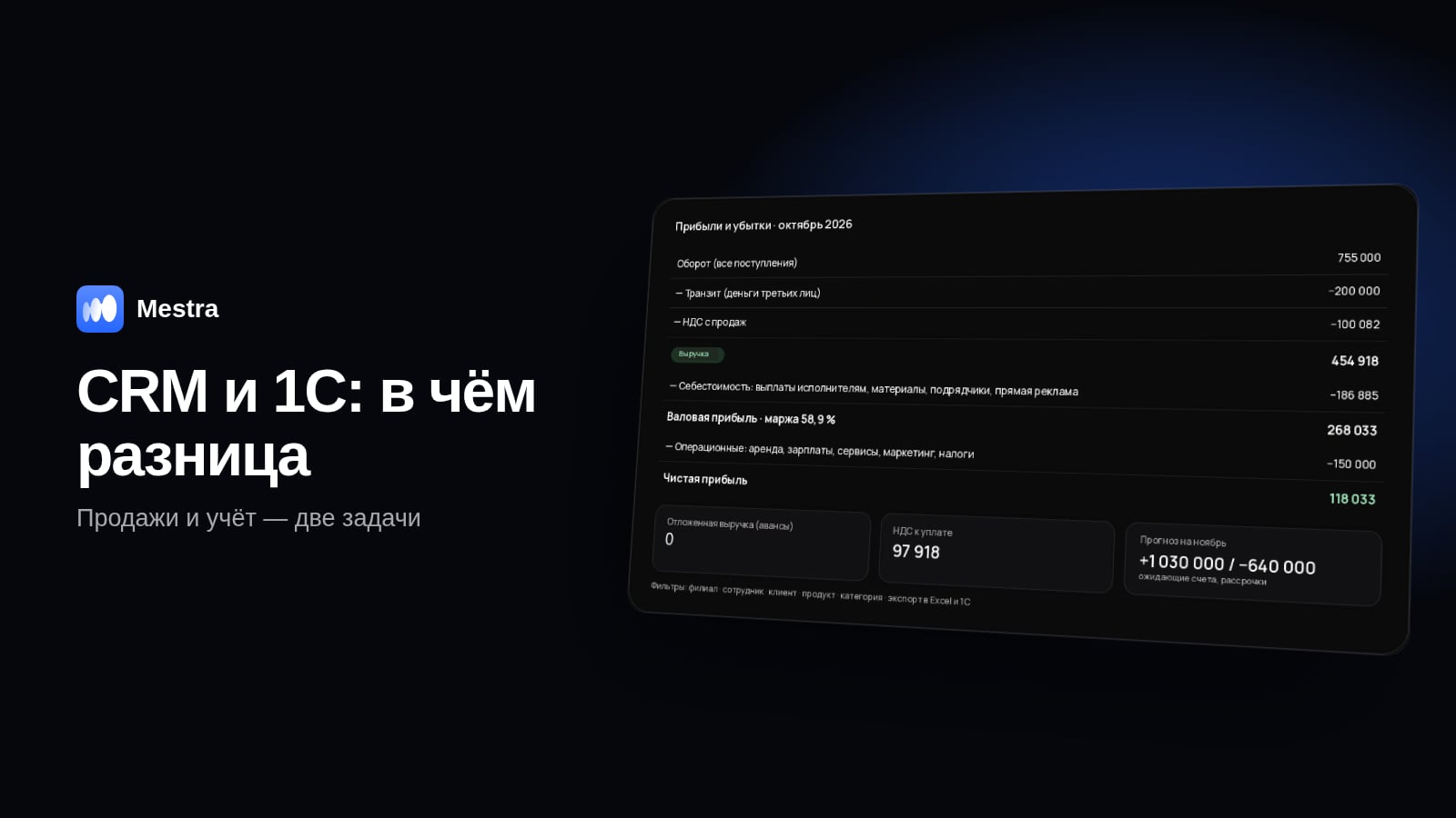 CRM и 1С: клиенты и продажи в Mestra, бухгалтерия в 1С