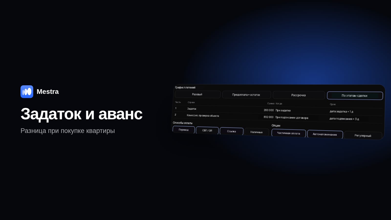 Задаток в истории сделки Mestra: показ, предложение, задаток и сделка