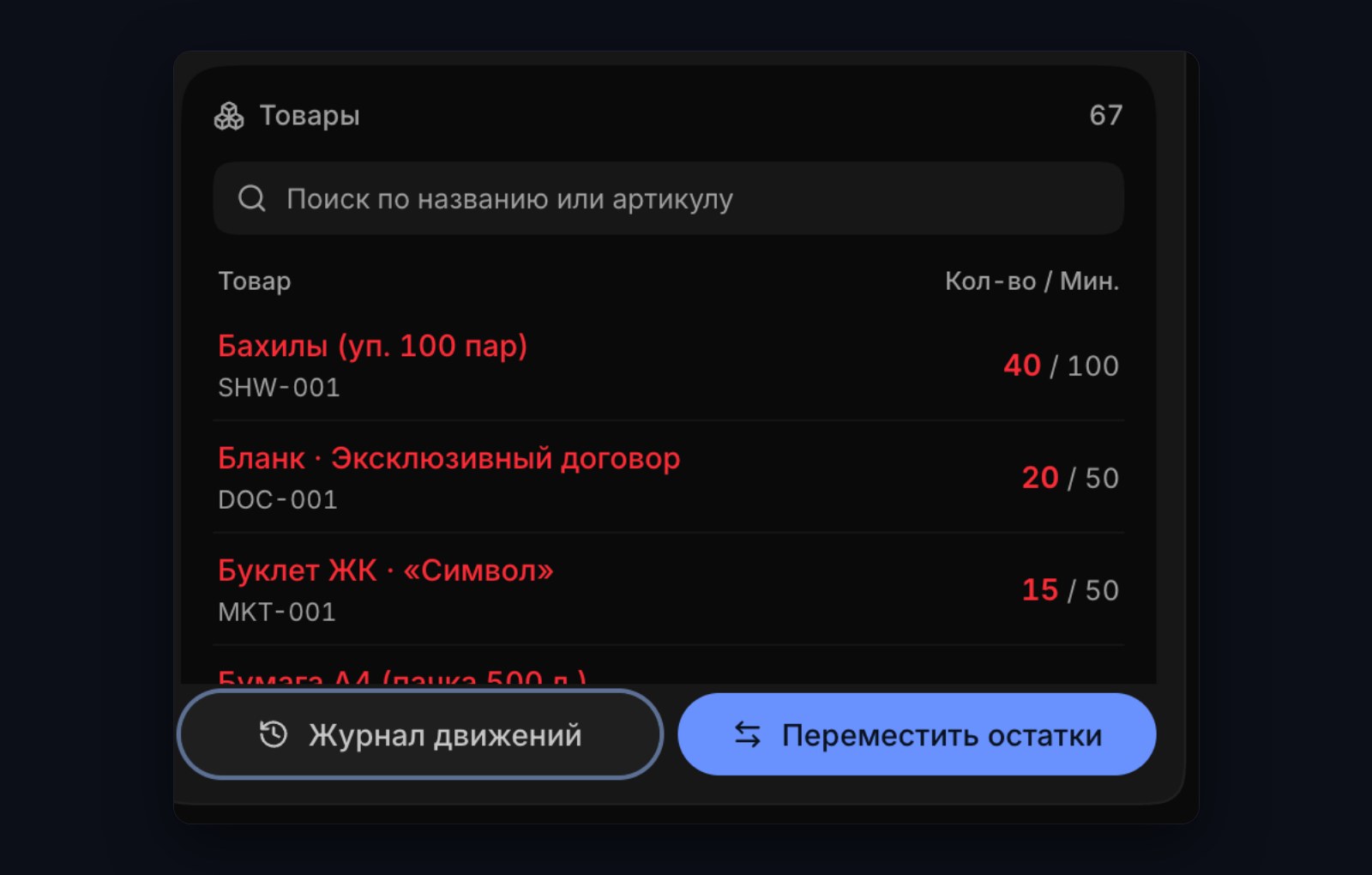 Товары склада в Mestra